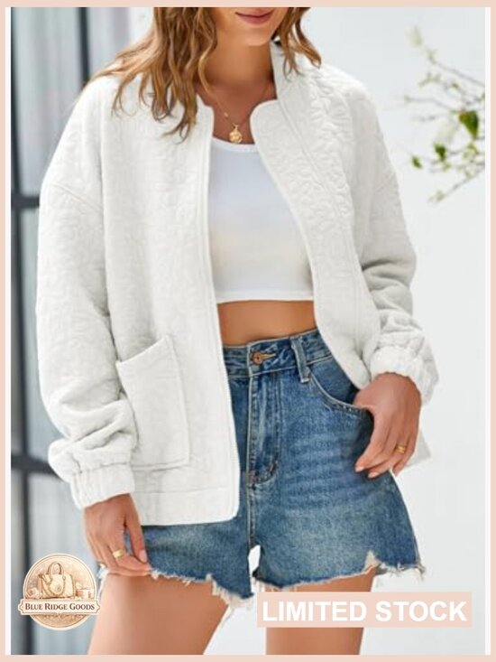 Lightweight Jacquard Bomber Jacket Loose Fit Casual Chic Spring Outerwear - Picture 3 of 7